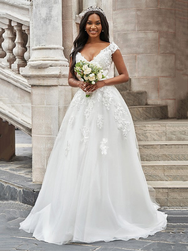 Wholesa  A-Line/Princess Tulle V-neck Applique Sleeveless Sweep/Brush Train Wedding Dresses