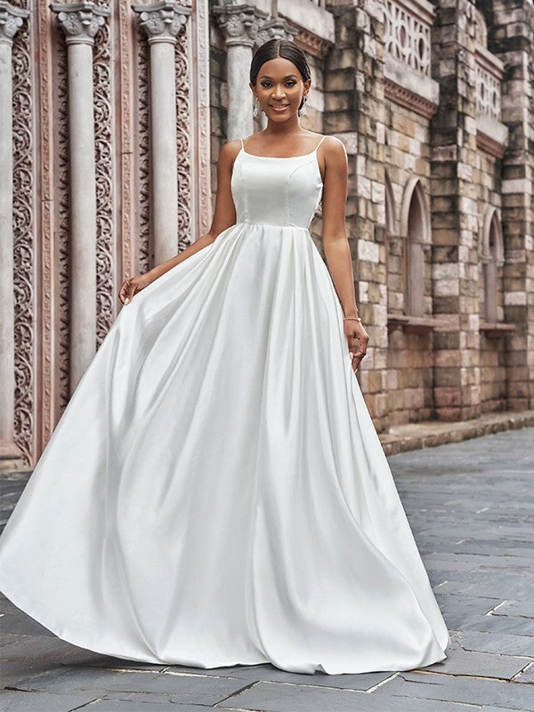 Wholesa  A-Line/Princess Satin Spaghetti Straps Ruffles Sleeveless Sweep/Brush Train Wedding Dresses