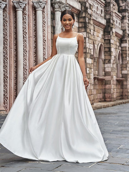 Wholesa  A-Line/Princess Satin Spaghetti Straps Ruffles Sleeveless Sweep/Brush Train Wedding Dresses