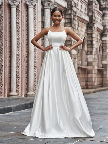 Wholesa  A-Line/Princess Satin Spaghetti Straps Ruffles Sleeveless Sweep/Brush Train Wedding Dresses