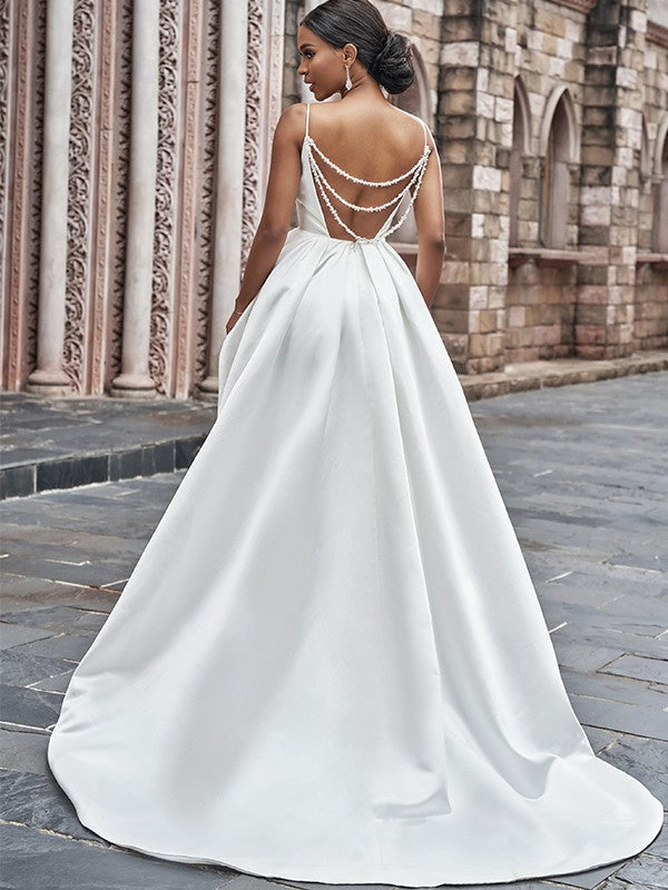 Wholesa  A-Line/Princess Satin Spaghetti Straps Ruffles Sleeveless Sweep/Brush Train Wedding Dresses