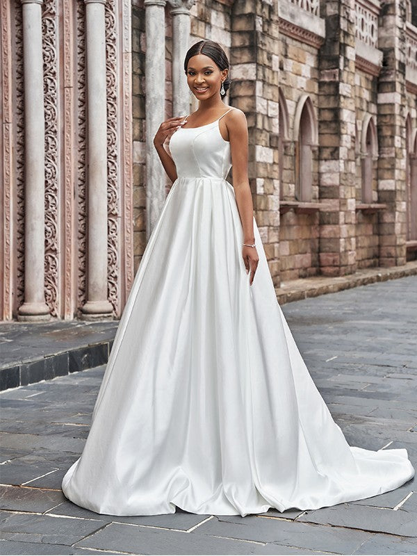 Wholesa  A-Line/Princess Satin Spaghetti Straps Ruffles Sleeveless Sweep/Brush Train Wedding Dresses