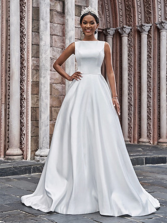 Wholesa  A-Line/Princess Satin Bateau Ruffles Sleeveless Sweep/Brush Train Wedding Dresses