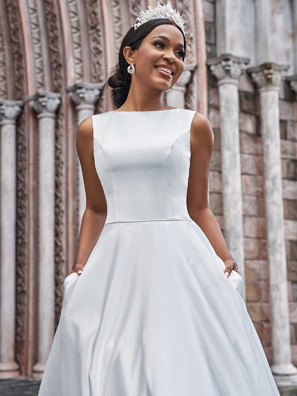 Wholesa  A-Line/Princess Satin Bateau Ruffles Sleeveless Sweep/Brush Train Wedding Dresses