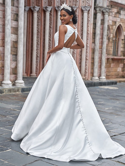 Wholesa  A-Line/Princess Satin Bateau Ruffles Sleeveless Sweep/Brush Train Wedding Dresses