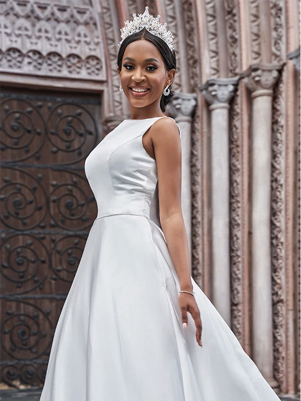 Wholesa  A-Line/Princess Satin Bateau Ruffles Sleeveless Sweep/Brush Train Wedding Dresses