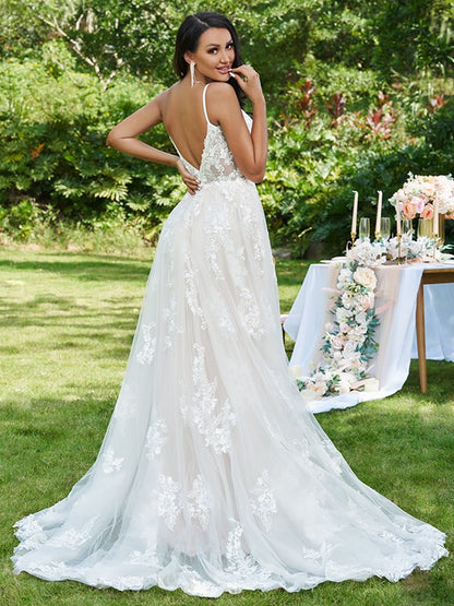 Wholesa  A-Line/Princess Lace Applique V-neck Sleeveless Sweep/Brush Train Wedding Dresses