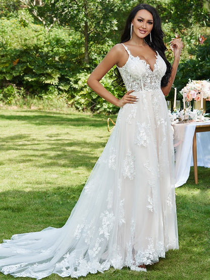 Wholesa  A-Line/Princess Lace Applique V-neck Sleeveless Sweep/Brush Train Wedding Dresses