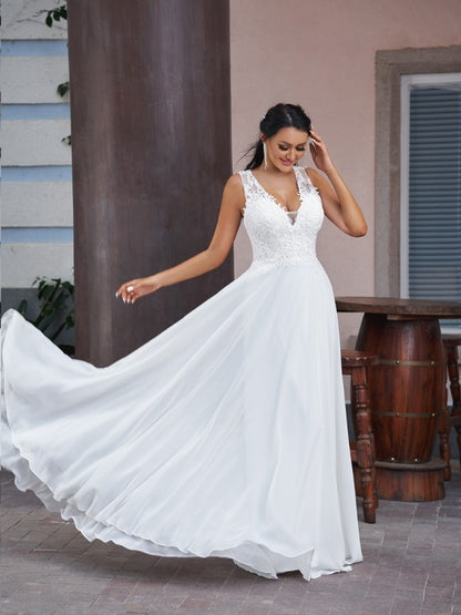 Wholesa  A-Line/Princess Chiffon Lace V-neck Sleeveless Floor-Length Wedding Dresses