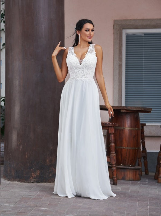 Wholesa  A-Line/Princess Chiffon Lace V-neck Sleeveless Floor-Length Wedding Dresses