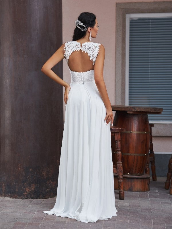 Wholesa  A-Line/Princess Chiffon Lace V-neck Sleeveless Floor-Length Wedding Dresses