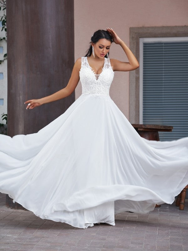 Wholesa  A-Line/Princess Chiffon Lace V-neck Sleeveless Floor-Length Wedding Dresses