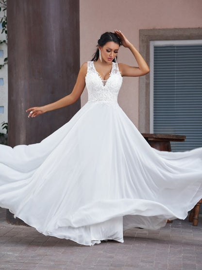 Wholesa  A-Line/Princess Chiffon Lace V-neck Sleeveless Floor-Length Wedding Dresses