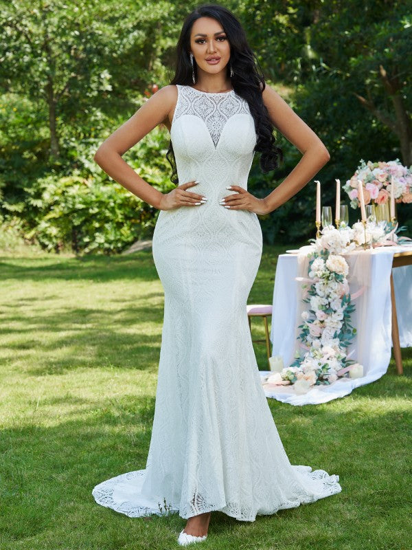 Wholesa Trumpet/Mermaid Lace Ruffles Scoop Sleeveless Sweep/Brush Train Wedding Dresses