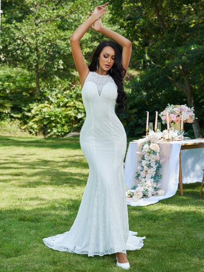 Wholesa Trumpet/Mermaid Lace Ruffles Scoop Sleeveless Sweep/Brush Train Wedding Dresses