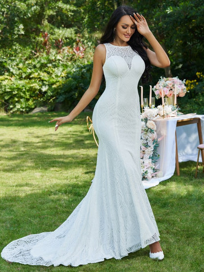 Wholesa Trumpet/Mermaid Lace Ruffles Scoop Sleeveless Sweep/Brush Train Wedding Dresses