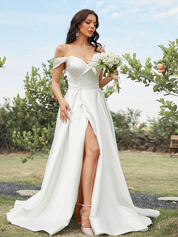 Wholesa  A-Line/Princess Satin Ruched Off-the-Shoulder Sleeveless Sweep/Brush Train Wedding Dresses