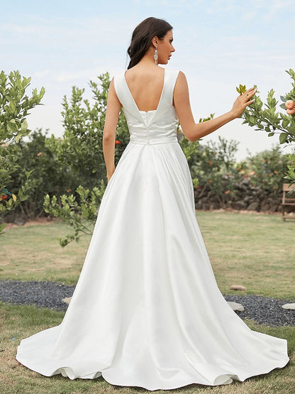 Wholesa  A-Line/Princess Satin Ruched Off-the-Shoulder Sleeveless Sweep/Brush Train Wedding Dresses