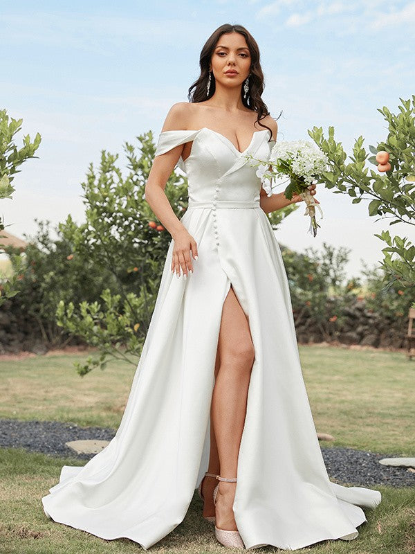 Wholesa  A-Line/Princess Satin Ruched Off-the-Shoulder Sleeveless Sweep/Brush Train Wedding Dresses