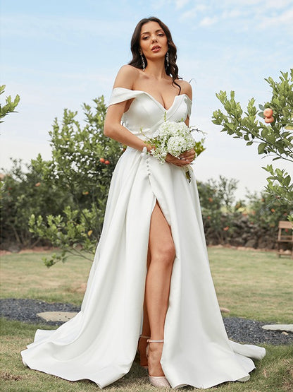 Wholesa  A-Line/Princess Satin Ruched Off-the-Shoulder Sleeveless Sweep/Brush Train Wedding Dresses