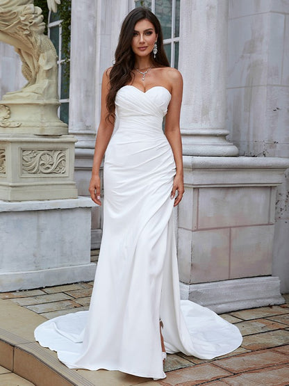 Wholesa Sheath/Column Stretch Crepe Ruched Sweetheart Sleeveless Sweep/Brush Train Wedding Dresses