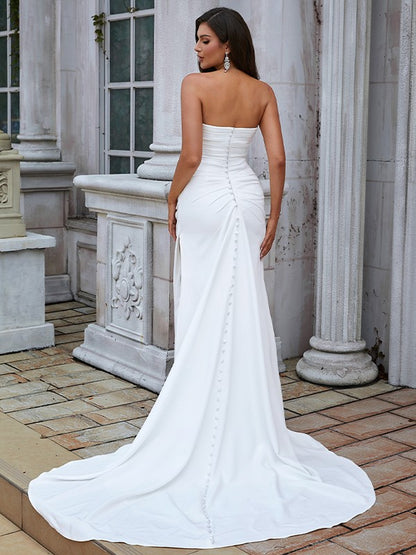 Wholesa Sheath/Column Stretch Crepe Ruched Sweetheart Sleeveless Sweep/Brush Train Wedding Dresses