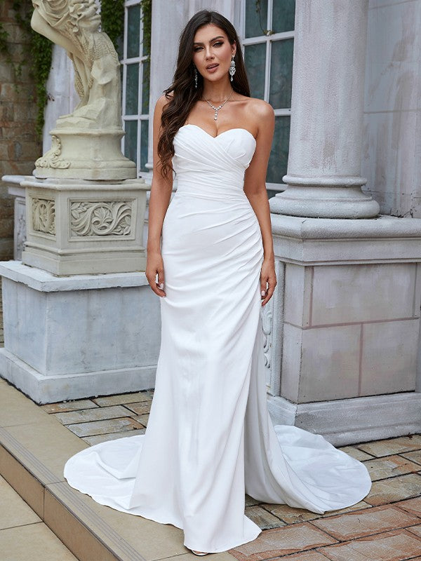 Wholesa Sheath/Column Stretch Crepe Ruched Sweetheart Sleeveless Sweep/Brush Train Wedding Dresses