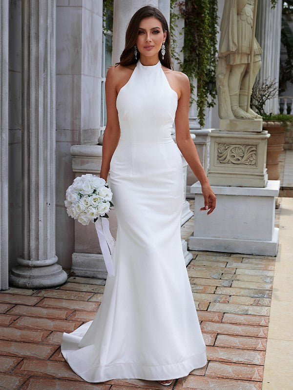 Wholesa  Sheath/Column Stretch Crepe Ruched Halter Sleeveless Sweep/Brush Train Wedding Dresses