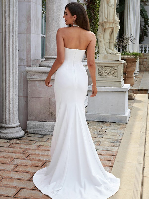 Wholesa  Sheath/Column Stretch Crepe Ruched Halter Sleeveless Sweep/Brush Train Wedding Dresses