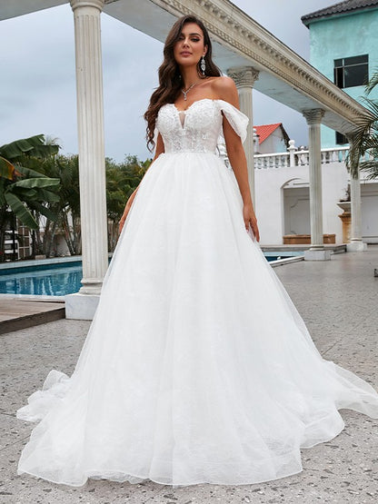 Wholesa  A-Line/Princess Lace Applique Off-the-Shoulder Sleeveless Sweep/Brush Train Wedding Dresses