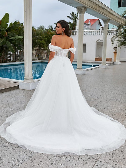 Wholesa  A-Line/Princess Lace Applique Off-the-Shoulder Sleeveless Sweep/Brush Train Wedding Dresses