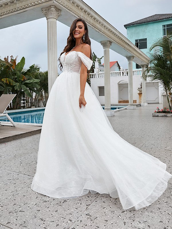 Wholesa  A-Line/Princess Lace Applique Off-the-Shoulder Sleeveless Sweep/Brush Train Wedding Dresses