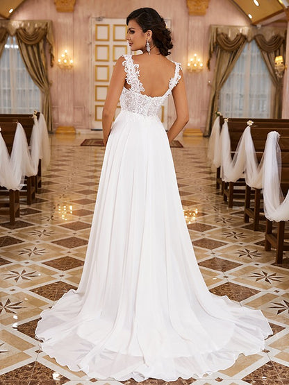 Wholesa  A-Line/Princess Chiffon Applique Straps Sleeveless Sweep/Brush Train Wedding Dresses