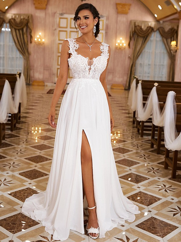 Wholesa  A-Line/Princess Chiffon Applique Straps Sleeveless Sweep/Brush Train Wedding Dresses