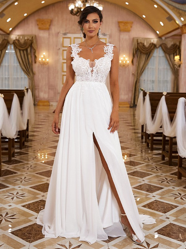 Wholesa  A-Line/Princess Chiffon Applique Straps Sleeveless Sweep/Brush Train Wedding Dresses