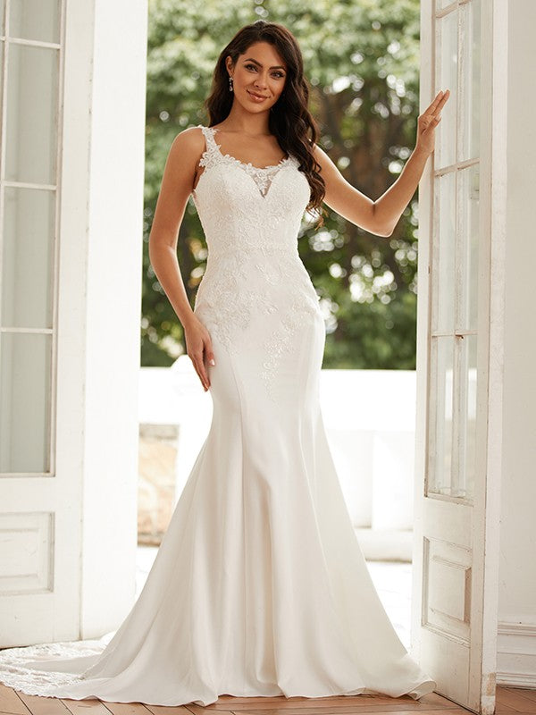 Aimishang  Sheath/Column Stretch Crepe Lace Straps Sleeveless Court Train Wedding Dresses