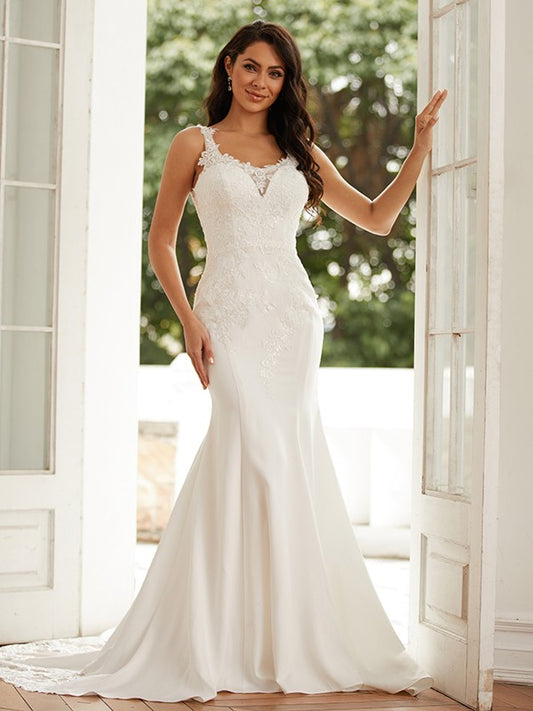 Wholesa  Sheath/Column Stretch Crepe Lace Straps Sleeveless Court Train Wedding Dresses