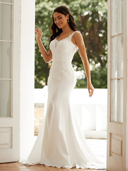 Aimishang  Sheath/Column Stretch Crepe Lace Straps Sleeveless Court Train Wedding Dresses