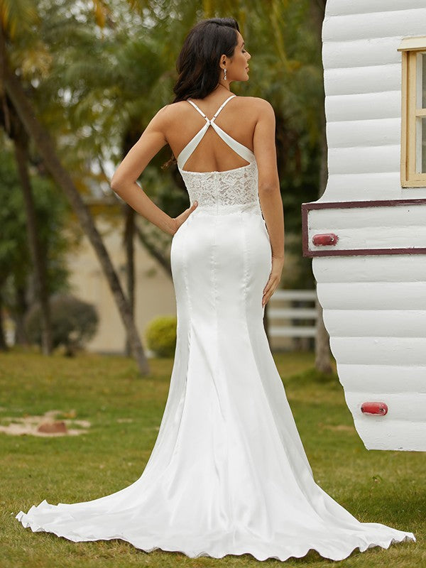 Wholesa  Sheath/Column Woven Satin Ruched Spaghetti Straps Sleeveless Court Train Wedding Dresses