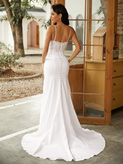 Wholesa  Sheath/Column Stretch Crepe Lace V-neck Sleeveless Sweep/Brush Train Wedding Dresses