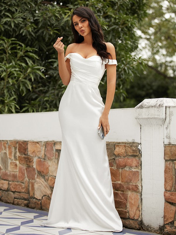 Wholesa  Sheath/Column Woven Satin Ruched Off-the-Shoulder Sleeveless Sweep/Brush Train Wedding Dresses