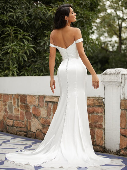 Wholesa  Sheath/Column Woven Satin Ruched Off-the-Shoulder Sleeveless Sweep/Brush Train Wedding Dresses