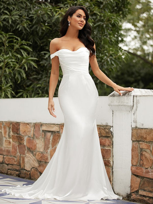 Wholesa  Sheath/Column Woven Satin Ruched Off-the-Shoulder Sleeveless Sweep/Brush Train Wedding Dresses