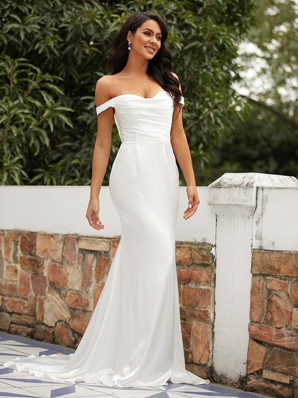 Wholesa  Sheath/Column Woven Satin Ruched Off-the-Shoulder Sleeveless Sweep/Brush Train Wedding Dresses