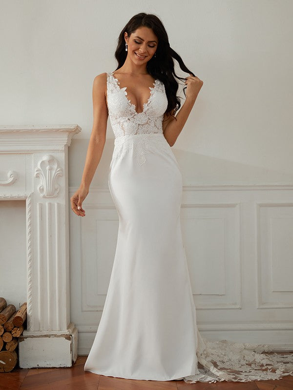 Wholesa  Sheath/Column Stretch Crepe Lace V-neck Sleeveless Sweep/Brush Train Wedding Dresses