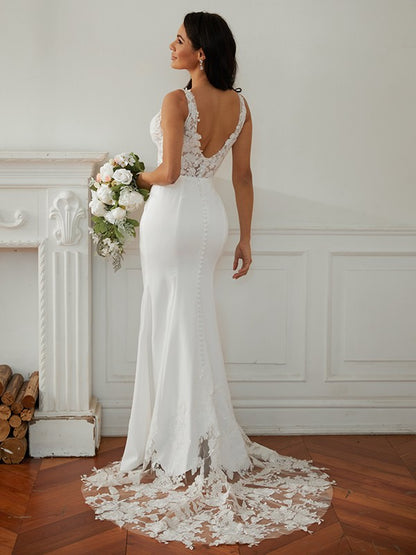 Wholesa  Sheath/Column Stretch Crepe Lace V-neck Sleeveless Sweep/Brush Train Wedding Dresses