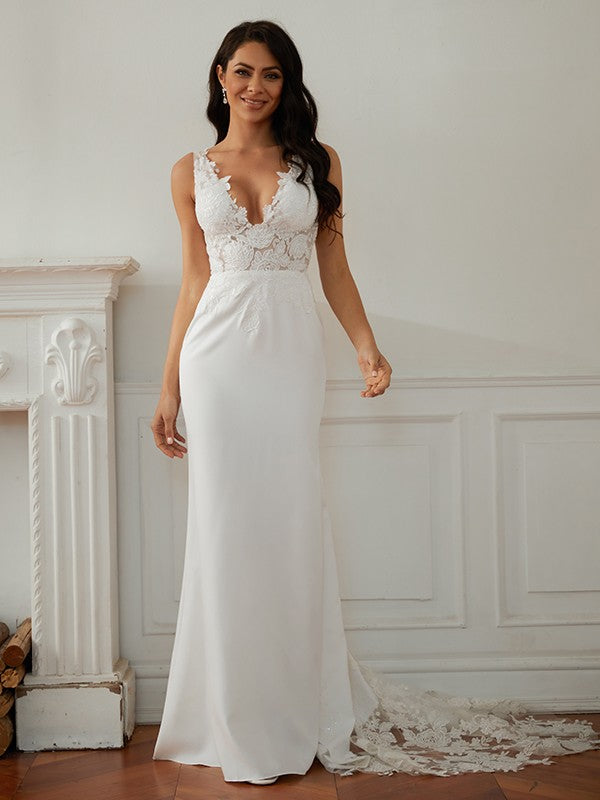 Wholesa  Sheath/Column Stretch Crepe Lace V-neck Sleeveless Sweep/Brush Train Wedding Dresses