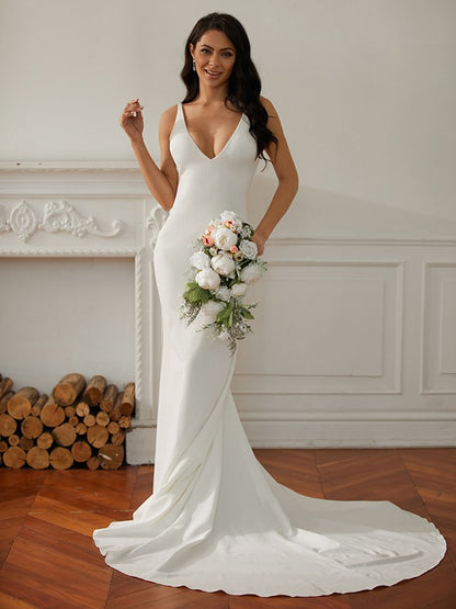 Wholesa  Sheath/Column Stretch Crepe V-neck Sleeveless Court Train Wedding Dresses