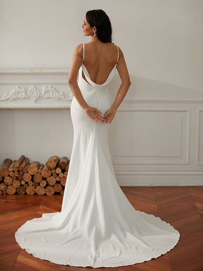 Wholesa  Sheath/Column Stretch Crepe V-neck Sleeveless Court Train Wedding Dresses