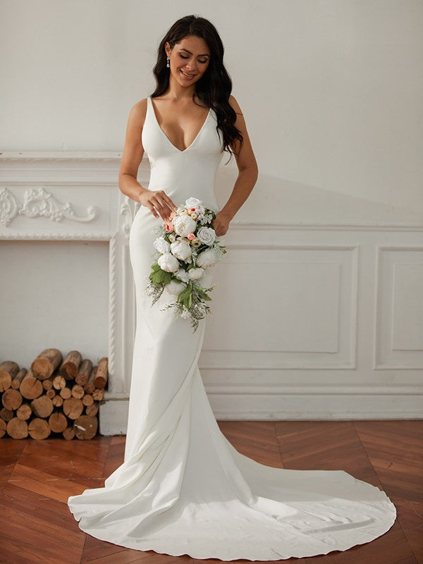 Wholesa  Sheath/Column Stretch Crepe V-neck Sleeveless Court Train Wedding Dresses